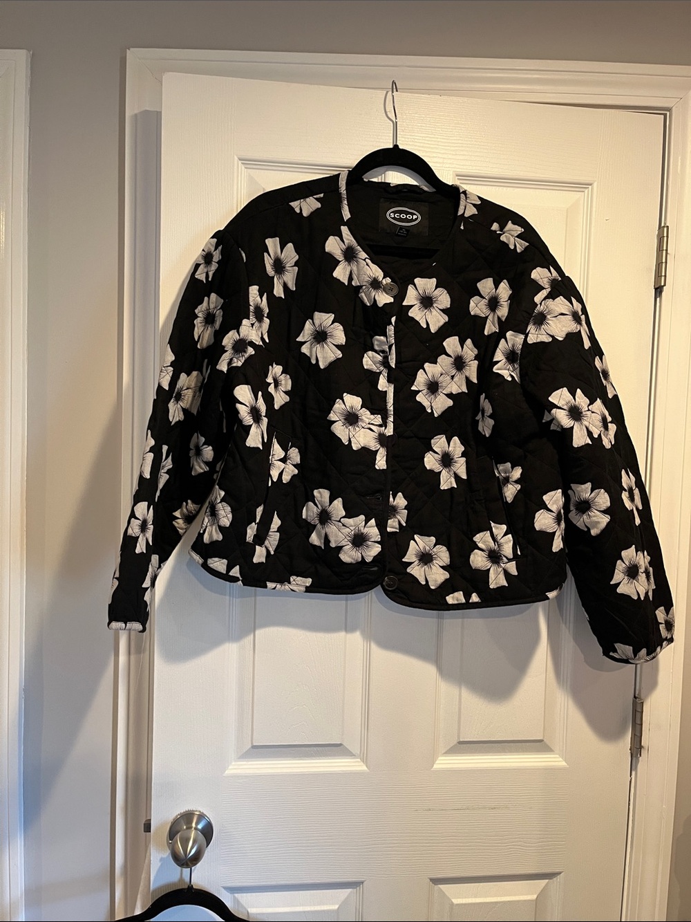 Black Floral Quilted Puffer Jacket/ with  Black button front closure